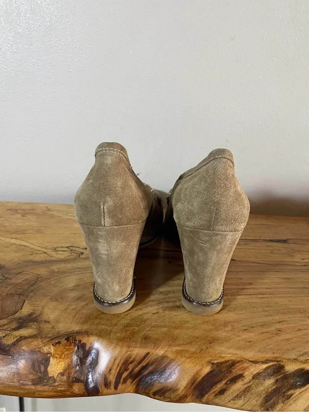 Via Spiga Kilte Tan Suede Fringe Wedge Loafer Heels